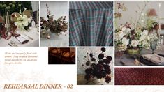 a collage of photos with flowers, candles and napkins on it's table