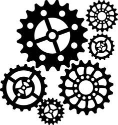 four gears are shown in black and white