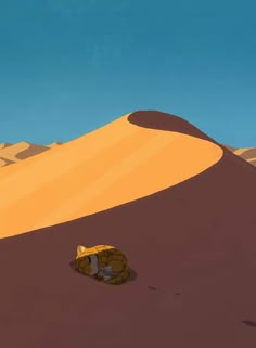 there is a yellow object in the middle of a desert area with sand dunes and blue sky