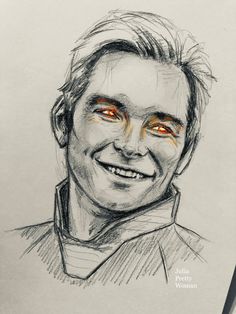 a drawing of a man with red eyes and a smile on his face is shown