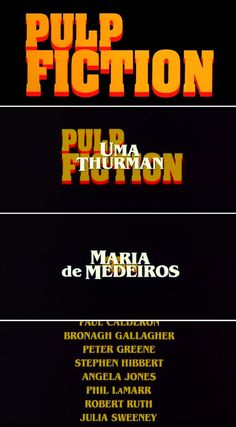 the title for pulp fiction is shown in three different font styles, including red and yellow