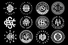 six different types of monogramic logos in white and black on a black background