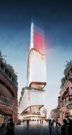 an artist's rendering of a tall building in the middle of a city