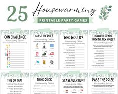 the 25 housewarming party game is shown in green and white with flowers on it