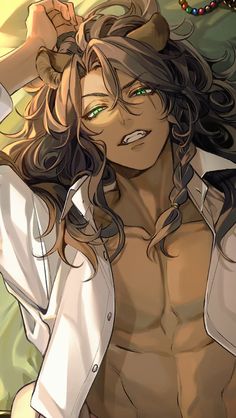 an anime character with long hair and green eyes posing for the camera while wearing a white shirt