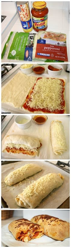 the process of making pizza bread with cheese and sauces on it is shown in three different stages