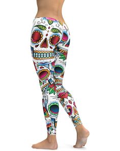 Bright and Colorful, quite possibly the funnest version of our Sugar Skull Leggings. The Gearbunch Colorful Dead - Sugar Skull Leggings are printed on a white base with pops of bright red, orange, green, blue & yellow. These can be your yoga pants, your workout gear or an eye-catching part of your Halloween outfit. Made from our comfortable, soft and stretchy fabric these leggings will soon become one of your favorites, you’ll never want to take them off. Be Happy, Be Bright, Be You with Gearbunch Fun Fitted White Bottoms, Fun Multicolor Stretch Leggings, Casual Stretch Leggings With Skull Print, Stretch Halloween Leggings, Casual Skull Print Stretch Leggings, Halloween Stretch Skull Print Leggings, Fun Fitted Multicolor Leggings, Fun Multicolor Fitted Leggings, Fitted Multicolor Fun Leggings