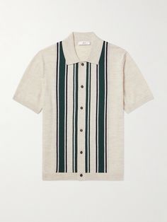 DESIGNED BY MR PORTER. Mr P.'s polo shirt is knitted from merino wool with two-tone stripes that nod to vintage golfing styles. It has a relaxed fit and buttons all the way through, so you can wear it open over a T-shirt after hitting 18 holes. Casual Wool Collared Polo Shirt, Prada Menswear, Mr P, White Shoes Sneakers, Vintage Golf, Ralph Lauren Shop, Luxury Sneakers, Driving Shoes, Classic Sneakers