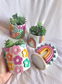 four ceramic pots with plants in them on a white sheet, one has a rainbow design