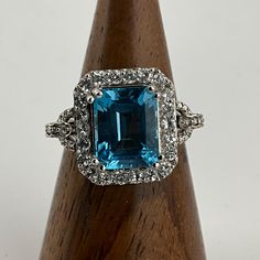 Vintage Blue & White Topaz Sterling Silver Large Fancy Statement Ring, UK Size N, US Size 6 1/2, EU Size 52 3/4, Stamped 925, Front Max Width 14.6mm, Weight 4.36 Grams, Lovely Condition Blue Topaz Ring With Emerald-cut Halo Setting, Blue Emerald-cut Topaz Ring With Diamond Accents, Blue Emerald-cut Topaz Ring With Halo Setting, Blue Gemstones With Halo Setting For Anniversary, Dazzling Blue Gemstones For Anniversary, White Topaz, Statement Ring, Rings Statement, Statement Rings