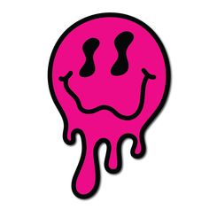 a pink smiley face with two eyes and one eye open, dripping from the bottom