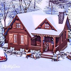 bloxburg winter houses Winter Home Exterior Bloxburg, Sims 4 Beautiful Houses, Bloxburg Log Cabin Layout, Small Winter House Bloxburg, Bloxburg Cabin Exterior, Winter Cabin Sims 4, Christmas Sims 4 House, Sims 4 Holiday Home