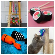 there are four different pictures with cats and fish on them, one has a cat toy