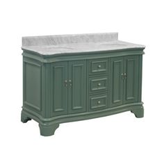 a bathroom vanity with marble top and two drawers on the bottom, in an antique green finish