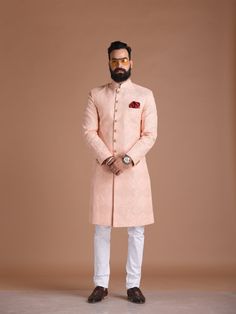 "Important Instrucitons : We request you to kindly calculate the processing time of your order after the mutual confirmation on Bespoke measurements between us has taken place (either via message , e mail or form) \"Crafted with Passion in India; loved by men across the USA, Canada, Europe\" Material: Silk Embroidered chikankari Color: Pink Collar type: Mandarin , Sherwani with 7 Buttons Package contents: 1 Achkan + 1 Churidar/ Trouser Pajama Wash Care Instruction : Dry-clean only Achkans also k Pink Sherwani, Prince Suit, Kurta Men, Kurta Style, Wedding Function, Between Us, Pink Collar, Pink Collars, Wedding Suits Men