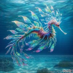 a painting of a sea horse swimming in the ocean