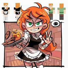 an orange haired girl holding a tray with food on it