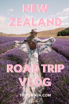 a woman standing in a lavender field with the words road trip vlog on it