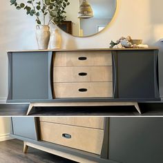 the sideboard is made out of wood and has two drawers, one with an oval mirror