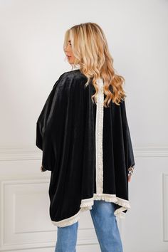 Featuring: Jacket Cardigan Fringe on Bottom Hem and Back Floral Embroidery Premium Velvet Mini Length Color: Black.Brand: Unmatched BYU Length: x Fall Long Sleeve Outerwear With Embroidered Border, Embroidered Cape Outerwear For Fall, Black Long Embroidered Outerwear, Black Embroidered Winter Outerwear, Elegant Black Embroidered Cardigan, Luxury Black Embroidered Shawl, Budget-friendly Black Embroidered Outerwear, Fringe Cardigan, Everyday Chic