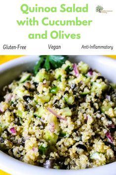 quinoa salad with cucumber and olives is shown in a white bowl