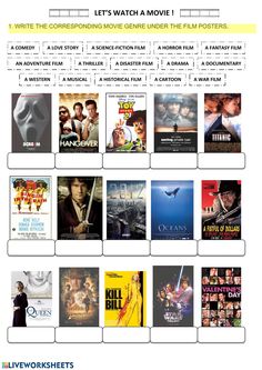 the movie poster worksheet is shown with many movies in each section, including