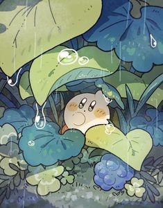 a cartoon character hiding under some leaves in the rain with an umbrella over his head