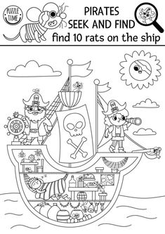 Vector black and white pirate searching game. Spot hidden rats in the picture. Simple treasure island seek and find activity for kids. Sea adventures treasure hunt coloring page. Find rats on ship Magic Objects, Pirate Illustration, Preschool Craft Activities, Pirate Coloring Pages, Pirate Crafts, Seek And Find, Pirate Art, Baby Painting