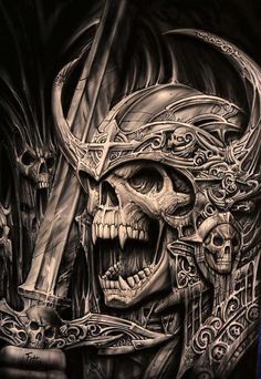 a black and white drawing of a skull wearing a pirate hat with two swords in his hand