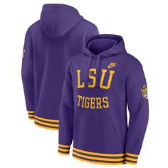 Embrace undeniable LSU Tigers style in this Nike Legacy Retro Pullover Hoodie. This pullover features embroidered fabric appliques on the sleeves and an embroidered wordmark across the torso for a look that's big on LSU Tigers spirit. Featuring rib-knit cuffs and a waist hem with team-colored striping, this midweight option has the perfect finish fit for keeping comfortably warm on cooler game days ahead. Arm Wear, Nike Purple, Auburn Tigers, Lsu Tigers, Embroidered Fabric, Mens Hooded, Georgia Bulldogs, Alabama Crimson, Cincinnati Reds