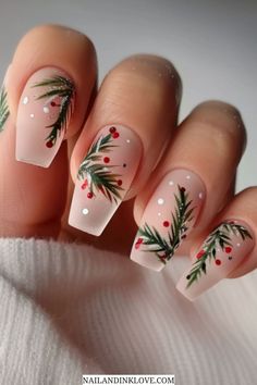 December nails designs, her nails, Christmas nails easy, tree nails, and elegant December nails. Noche Buena Nails, Hawaiian Christmas Nails, Mistletoe Nail Art, Tree Nails Designs, Tropical Christmas Nails, Holly Nail Art, Mistletoe Nails, December Nail Designs