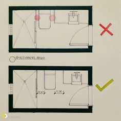 two drawings showing the layout of a bathroom and bedroom