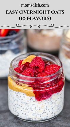 overnight oatmeal in a jar with raspberries on top