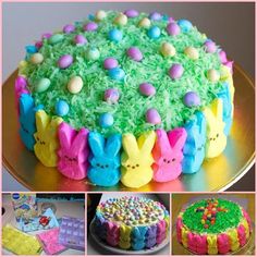 the cake is decorated with green frosting and pink icing, as well as other decorations