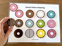 a person holding a doughnut in front of a box of donuts pattern matching