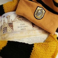 a harry potter hat and scarf laying on top of an open book in front of a stuffed animal