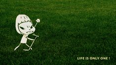 an image of a cartoon character holding a golf club in the grass with words life is only one