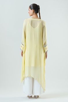 Yellow kaftan with mirror embroidery. Paired with pant and matching inner. - Aza Fashions Mirror Work Pant Set With Straight Kurta, Embellished Summer Kurta With Traditional Drape, Designer Palazzo Set With Tunic For Eid, Anarkali Tunic Kurta With Mirror Work, Anarkali Style Kurta With Mirror Work, Designer Tunic Sets With Dabka Work, Traditional Sets With Mirror Work On Tunic, Embellished Georgette Kurta For Summer, Embellished Straight Kurta For Summer