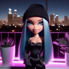 a doll with blue hair wearing a black hat and dress in front of a cityscape