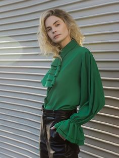 Shirt Collar Elegant Flouncing Top | stylewe Formal Blouses, Shirt Collar Pattern, Mode Zara, Plain Blouse, Collar Designs, Elegant Shirt, Collar Blouse, Lantern Sleeves, Shirt Collar