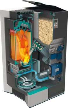 the inside of a machine that is producing grain and heating it with an open flame