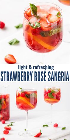 strawberry rose sangria in glasses with strawberries and mint garnish on the rim