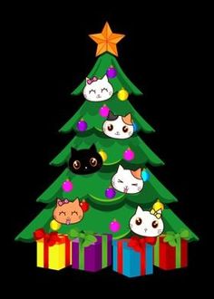 a christmas tree with many cats around it and presents under the tree on black background