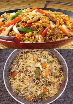 two plates with noodles and vegetables in them