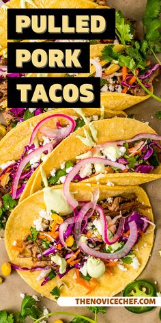 three pulled pork tacos with red onions and cilantro