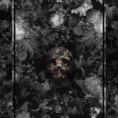 an artistic black and white photo with flowers on the bottom right corner, and a skull in the middle left corner