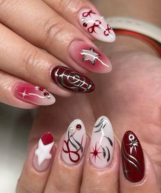 Alien Nails, White Almond Nails, Red And White Nails, Butterfly 3d, Unghie Nail Art, Heart Ribbon, Cartoon Flower, Long Acrylic Nail Designs, Airbrush Nails