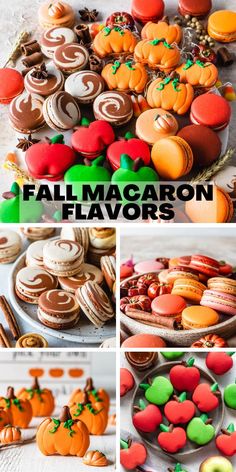 several pictures of different types of macaroons and pumpkins on display with the words fall macaroon flavors