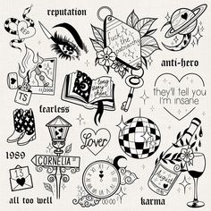 various tattoos and stickers are shown in this black and white photo, including an eyeball