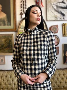 Description: This 90s Vintage Gingham Zip Up Two Piece Set is the perfect addition to any wardrobe. The classic gingham print adds a touch of sophistication, while the zip up design adds a modern twist. Made with high quality material, this set is both classy and fabulous. Available in size small. Size: small Bust: 36” Jacket length: 23.5” Waist: 27” Condition: excellent Label: Doncaster Material:92% Wool 8% Nylon This is a preloved item. Chic Gingham Fitted Outerwear, Chic Fitted Gingham Outerwear, Zip Up Design, Vintage Gingham, Gingham Print, Classy And Fabulous, Two Piece Set, Two Piece Sets, British Indian